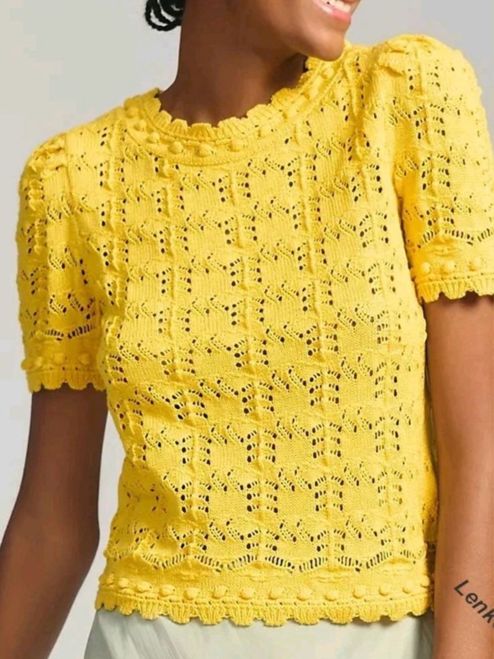 Anthropologie Top Pointelle Sweater Tee Open Knit Scallop Pompom Yellow Sz S